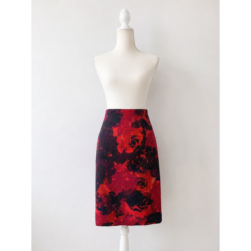 Ann Taylor Red Rose Black Abstract Textured Floral Pencil Skirt 12 Classy Career